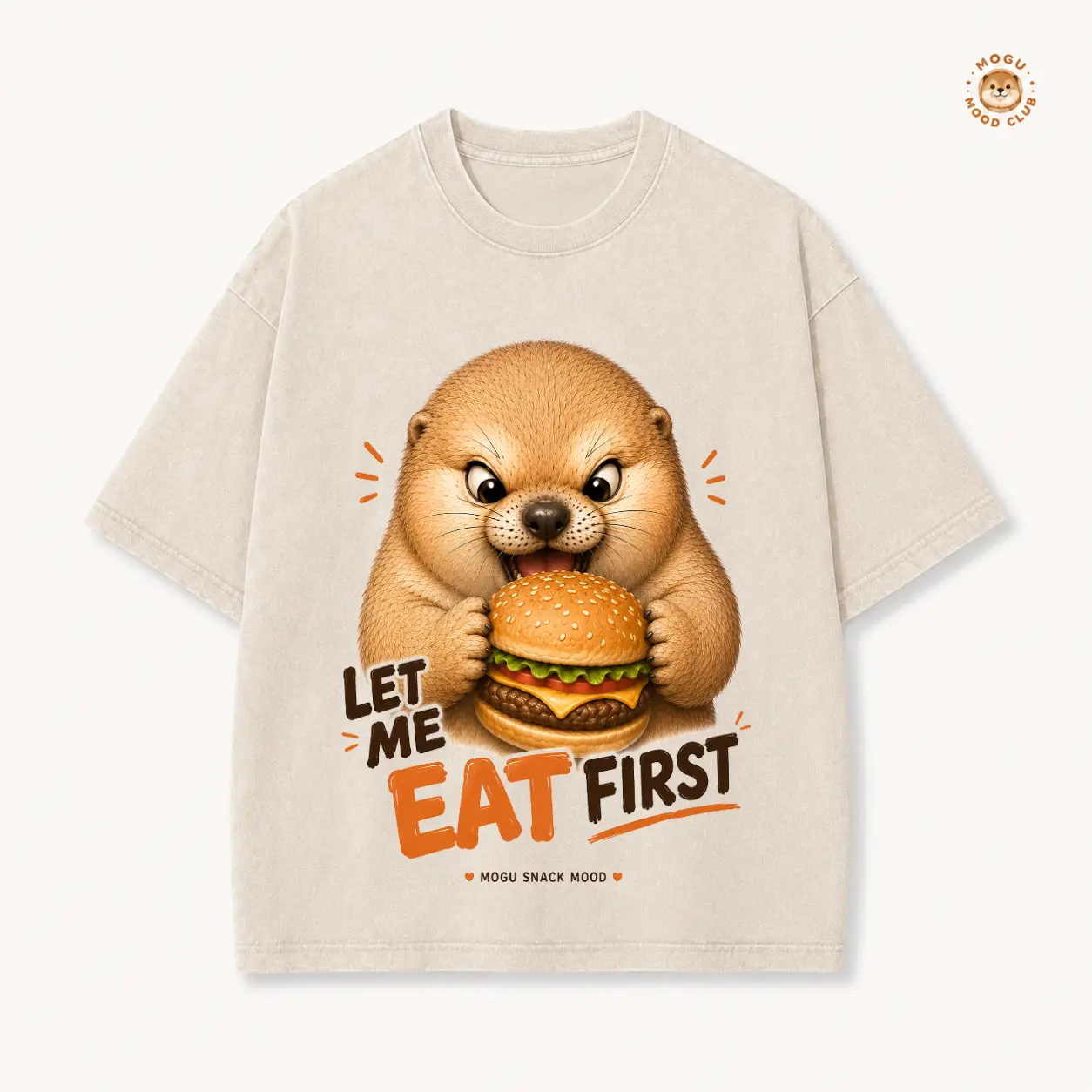 Men's Streetwear Casual Oversized Animal Graphic T-Shirt - Eager Otter Holding Burger Print, 'LET ME EAT FIRST MOGU SNACK MOOD', Breathable Fabric Vintage Shortsleeve Top for Hungry Moments, Menswear, Round Neck, Soft