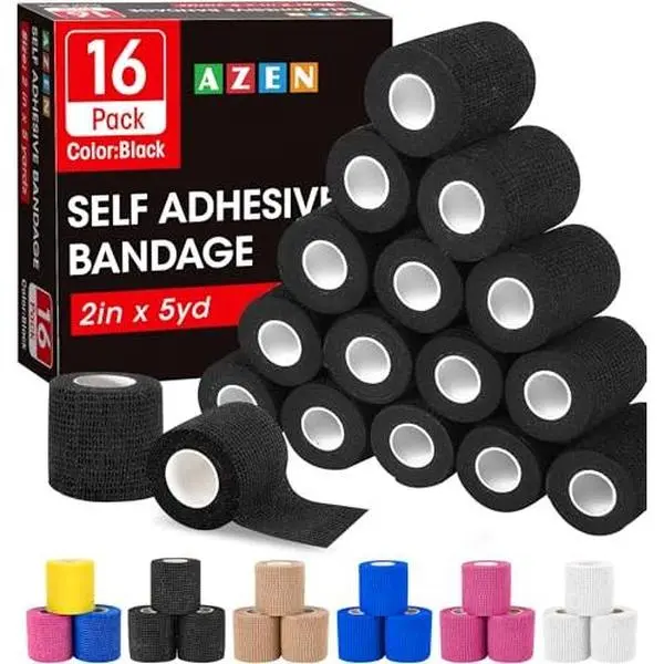 AZEN 16 Pack Self Adhesive Bandage Wrap Black, 2" X 5 Yards Black Athletic Tape, Vet Wrap, Tattoo Grip Tape Wrap，Ankle Tape, Cohesive Bandage Wrap