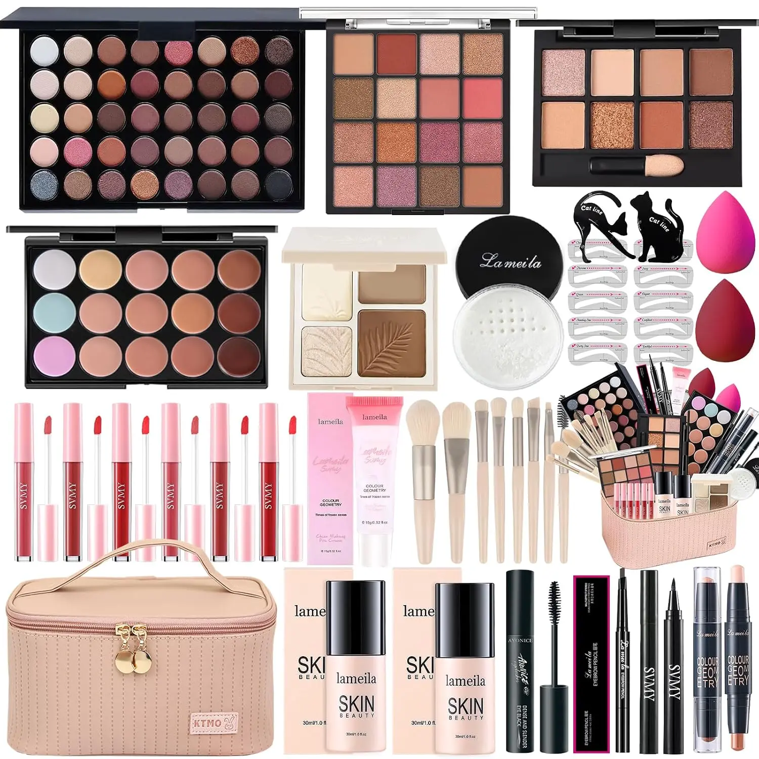 Women's 1-in-1 Full Makeup Kit, Essential Cosmetic Bundle Gift Set with Foundation, Face Primer, Eyeshadow Palette, Contour, Lipstick, Eyeliner, Mascara, Concealer, Daily Gel, Beige Flawless Finish & Brush Set