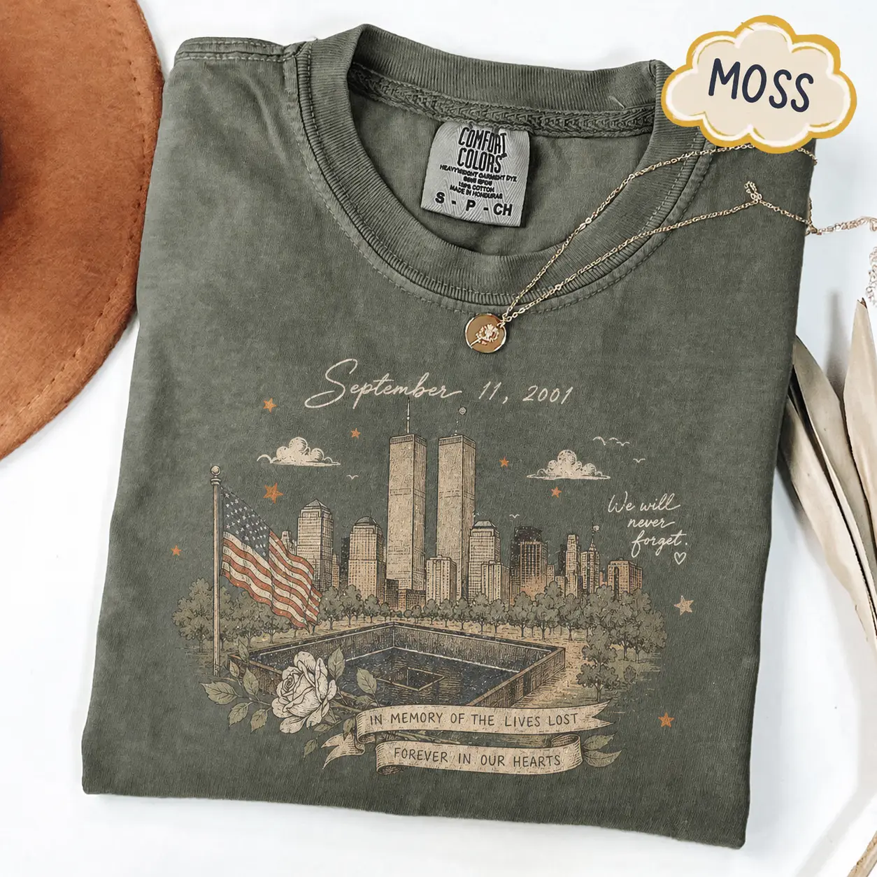 September 11 Memorial Comfort Colors T Shirt, 9/11 Never Forget NYC Tribute Tee, Twin Towers Remembrance Graphic, In Memory of Lives Lost Patriot Remembrance Gift for Men and Women