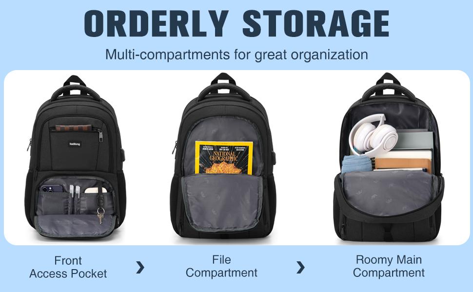 kadilong 15 Inch Laptop Backpack, Large Capacity Backpack with USB Charging Port & Headphone Jack, Water Resistant Multi-compartment Bookbag for Teens, College Students, Working Adults, School, Work, Office, Business Trips, Travel & Daily Commute