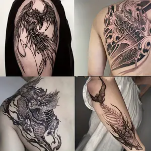 Six Large Herbal Tattoo Stickers, Including Oversized Koi, Unicorn, Shark, Undead Bird and Two Random Patterns, Can Last for 7-15 Days, Suitable for People Who Don't Want to Get a Real Tattoo