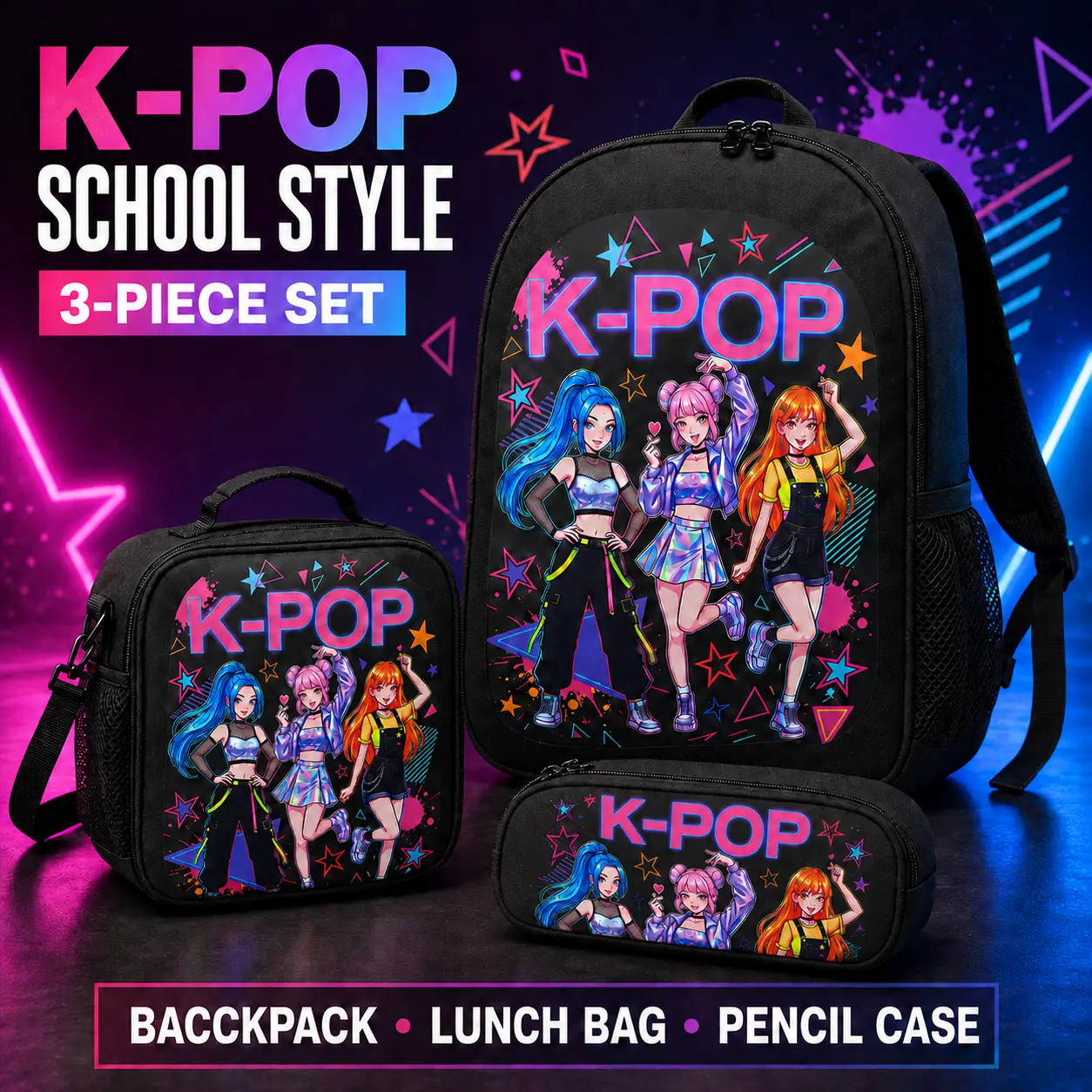 3-Piece K-Pop Backpack Set with Lunch Bag & Pencil Case, Oxford Cloth School Bookbag with Adjustable Straps and Side Mesh Pocket for Teens and Students