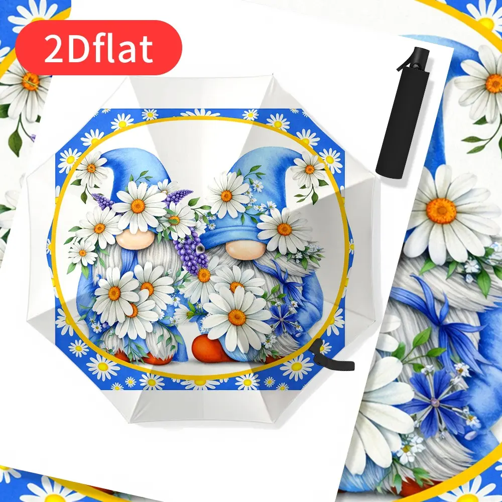 1 Cute Daisy Gnome Garden Umbrella – Portable, Essential Folding Umbrella for Home Use, Durable Iron Frame, Ideal for Family Trips and Outdoor Activities H201