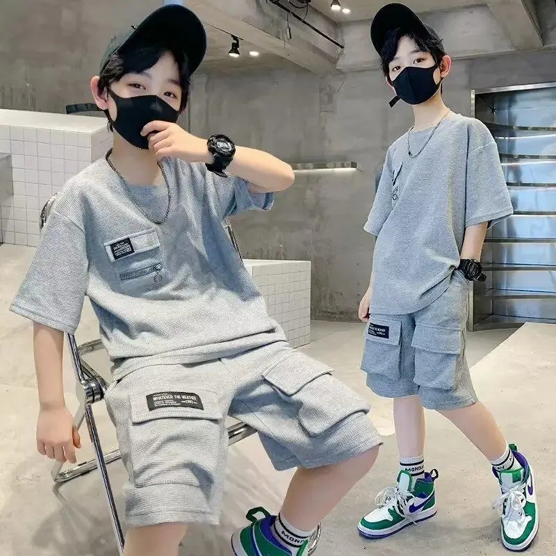 Summer Boys Sets Children's Short Sleeved Tops Suit Kids Loose Casual 2 Piece New Cotton Outfit Teenage Clothes 5-14 Years