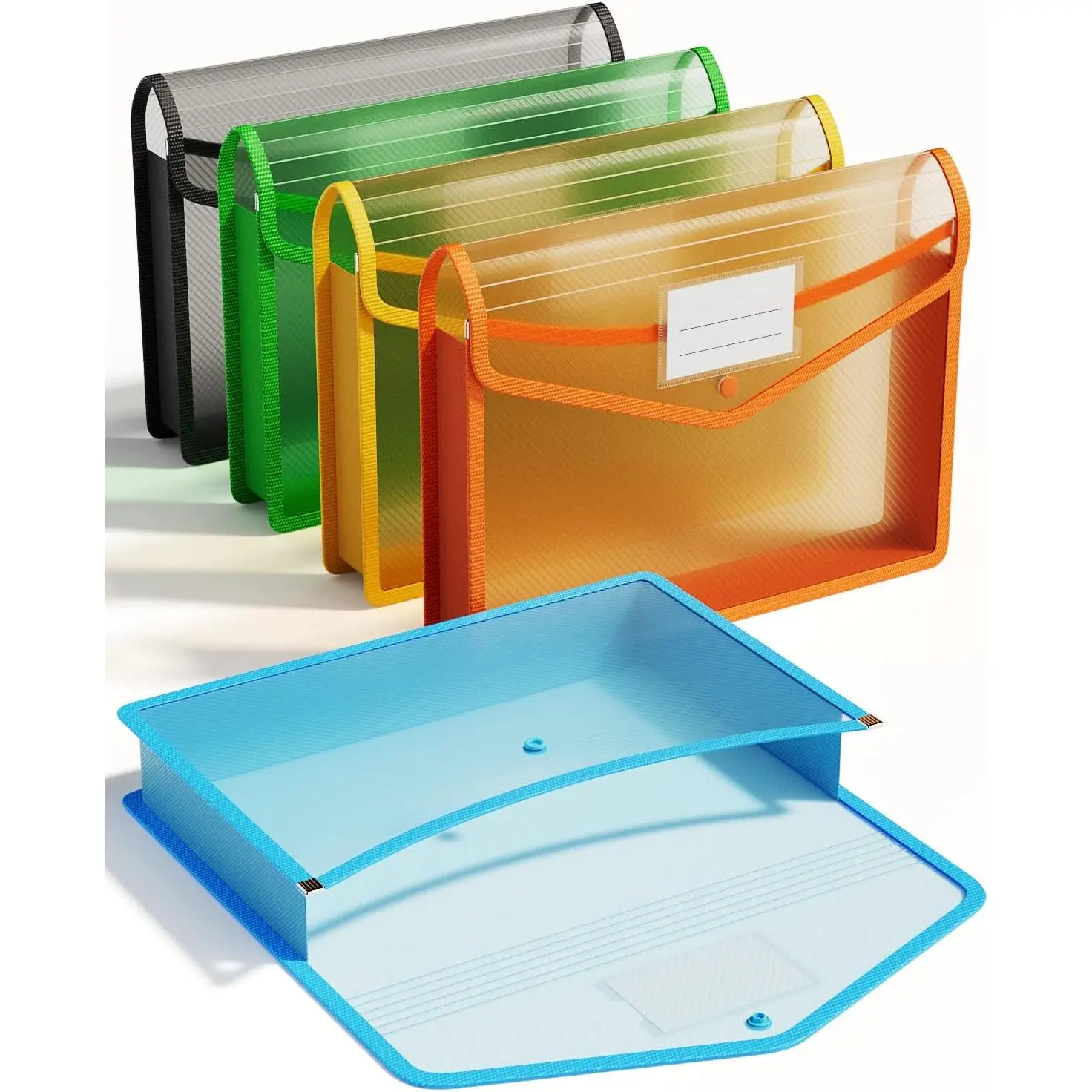 5-Pack Sturdy Durable Plastic Expanding File Folders - Transparent Snap Closure Envelopes, No Dividers, Large Capacity, Assorted Colors for Color Coding, Expand Up to 2", Fits Letter/A4 Size Office Filing Supplies