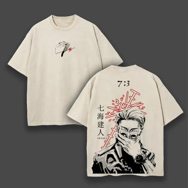 Kento Nanami Jujutsu Kaisen Japanese Anime Oversized Graphic Tee Vintage Y2K Double Printed Acid Washed Cotton T-Shirt Unisex Streetwear, Top Game Manga Movie Gift Lover Merch