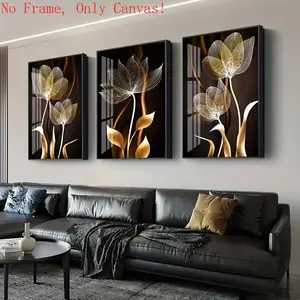 Black and Golden Flower Wall Art Canvas Painting for Living Room Decor Modern Abstract Posters Home Decor (3pcs-unframed)