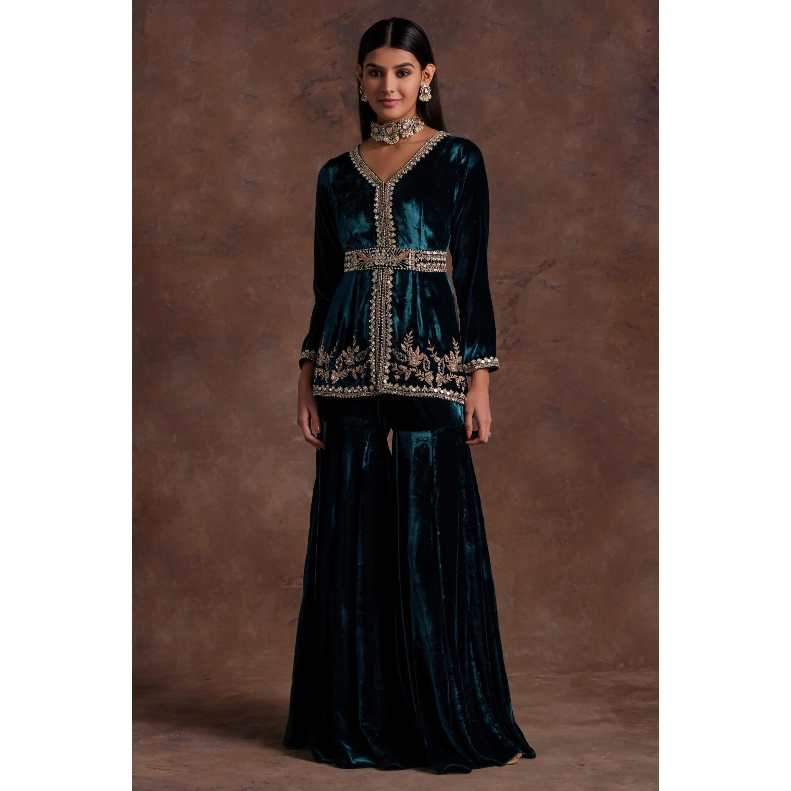 Green velvet peplum with belt and sharara set