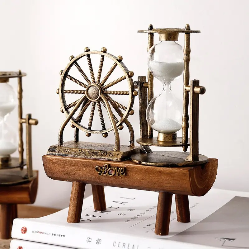 Vintage Ferris Wheel Sand Timer Ornament, Unique Ornaments, Wooden Base Desktop Decor, Decorative Figurines, Home Room Living Room Decoration, Holiday Gift Souvenir