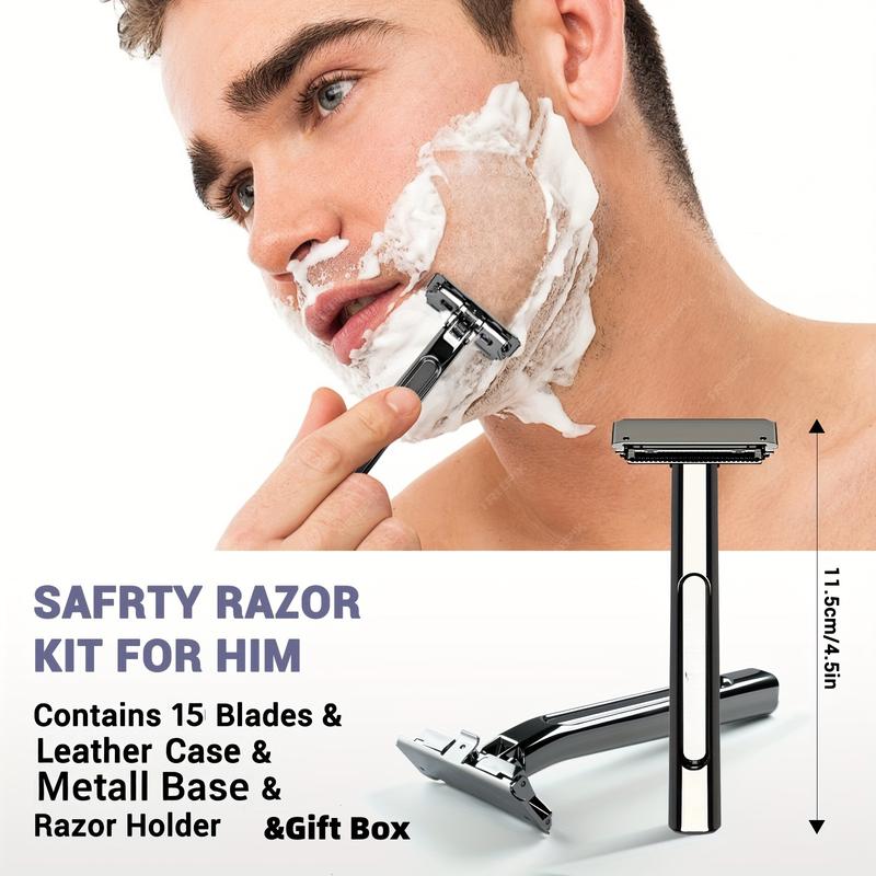 MAKEPOLO 5in1 Safety Razor Kit - All-Metal Shaver with Self-Cleaning, 15 Blades | Unisex Father's Day Gift Stainless Daily Handle Smooth Traditional Black Steel