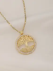 Life Tree Pendant Necklace, Round Cutout Zirconia Chain, Geometric Clavicle Jewelry, Daily Wear, sentimental necklaces, Anniversary Gift, Zircon Stones Necklace
