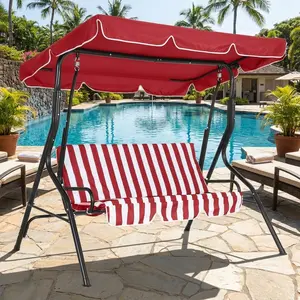 Outdoor Porch Swing Chair 3‑Seat Patio Glider Bench with Adjustable Canopy & Striped Seat Cushion with Thick Cushions, Steel Frame, Red – for Backyard, Lawn, Garden