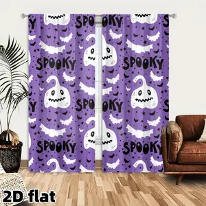 2D Flat 2Pcs Halloween Ghost Curtains Purple Spooky Bat Pattern Window Drapes Rod Pocket Style Semi Shading Polyester Fiber Panel for Living Room Bedroom Kitchen Home Decor Holiday Party Treatment Easy to Clean