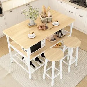 Kitchen Island Table with Seating - AWQM Stationary Island with 3 Shelves & 2 Chairs, Counter-Height