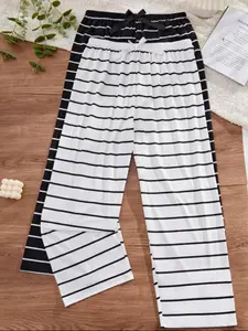 Women's Two-Piece Striped Bowknot Elastic Waist Pants, Plus Size Ultra-Comfortable Home Sleepwear, Outer Wear Long Pants