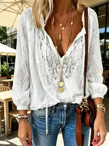 Women's Boho Lace Blouse Long Sleeve V-Neck Tie Neck Loose Fit Casual White Crochet Shirt for Summer