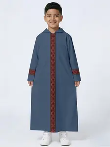 Muslim Festival Robe, Hidden Blue Hooded Geometric Embroidered Long Gown, Ritualistic Style, Perfect for Festive Occasions
