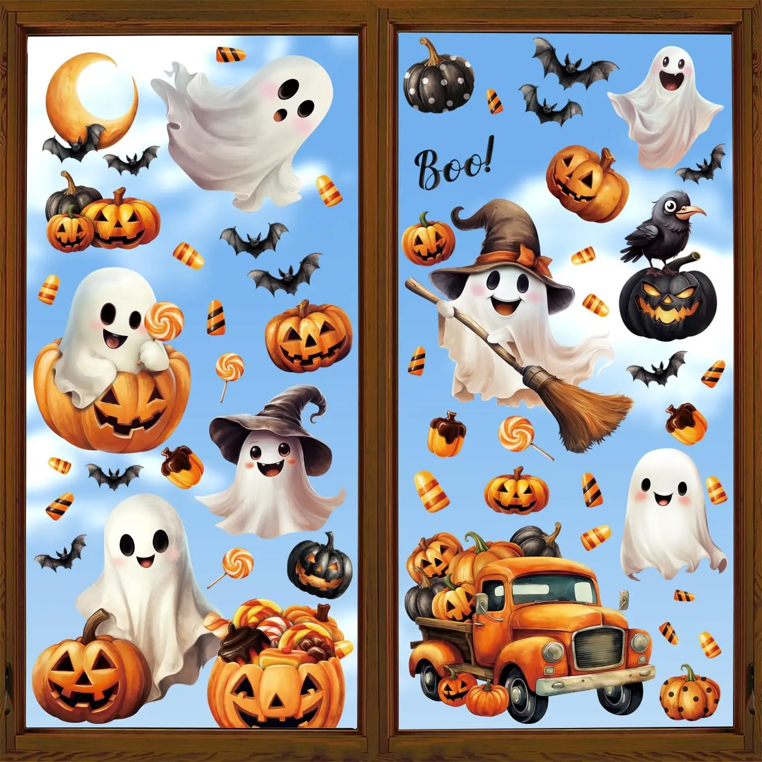 8 Sheet Halloween Window Clings, Ghost Pumpkin Bat Reusable Window Stickers Double Decals for Glass Window Halloween Decoration