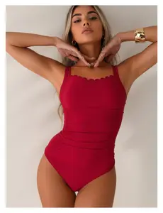 Burgundy Bodysuit for Women - Slinky Spandex Tank Top - Scalloped Trim - Stretchy Comfortable Leotard - Everyday Wear & Party Outfit