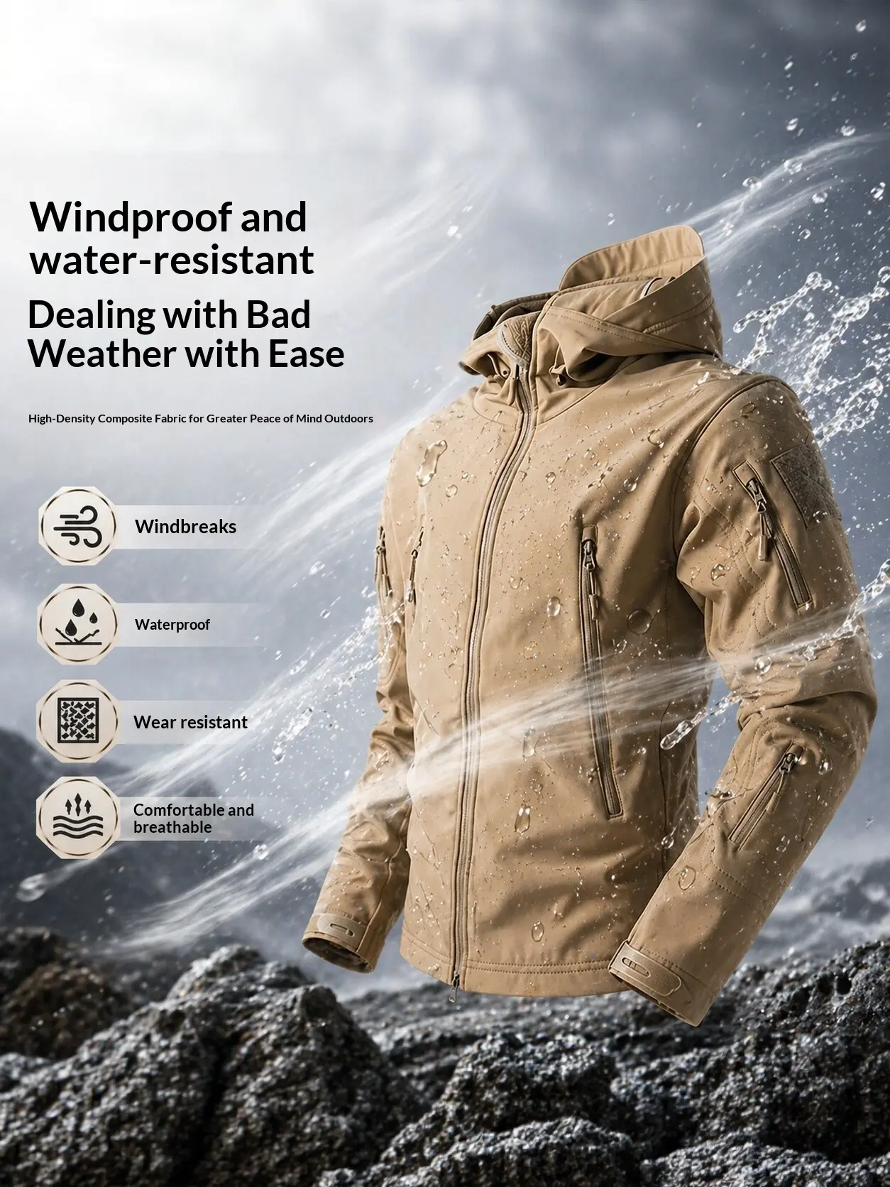 Men’s tactical softshell fleece outdoor jacket, windproof, waterproof, wear-resistant, breathable, multi-pocket mountaineering hiking jacket, Multi-Pockets, Universal Sport