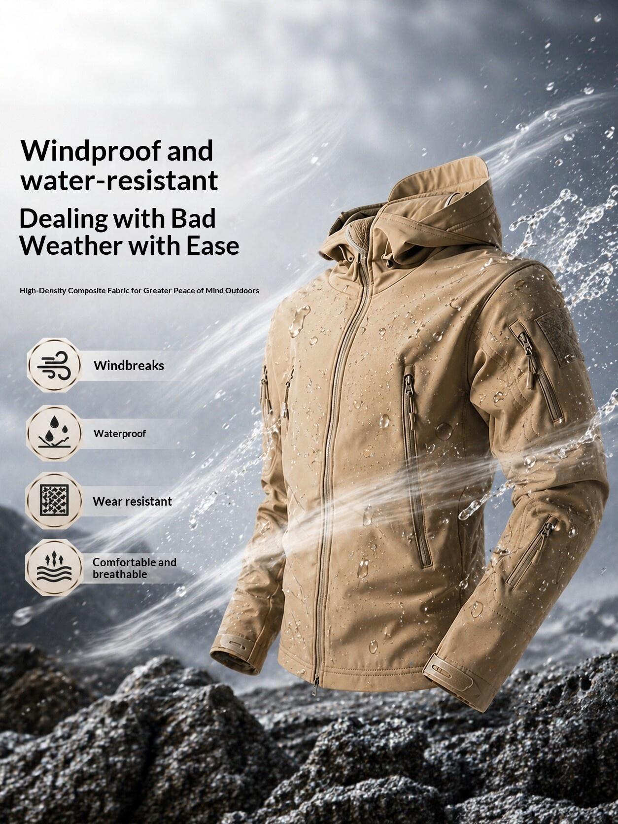 Men’s tactical softshell fleece outdoor jacket, windproof, waterproof, wear-resistant, breathable, multi-pocket mountaineering hiking jacket, Multi-Pockets, Universal Sport
