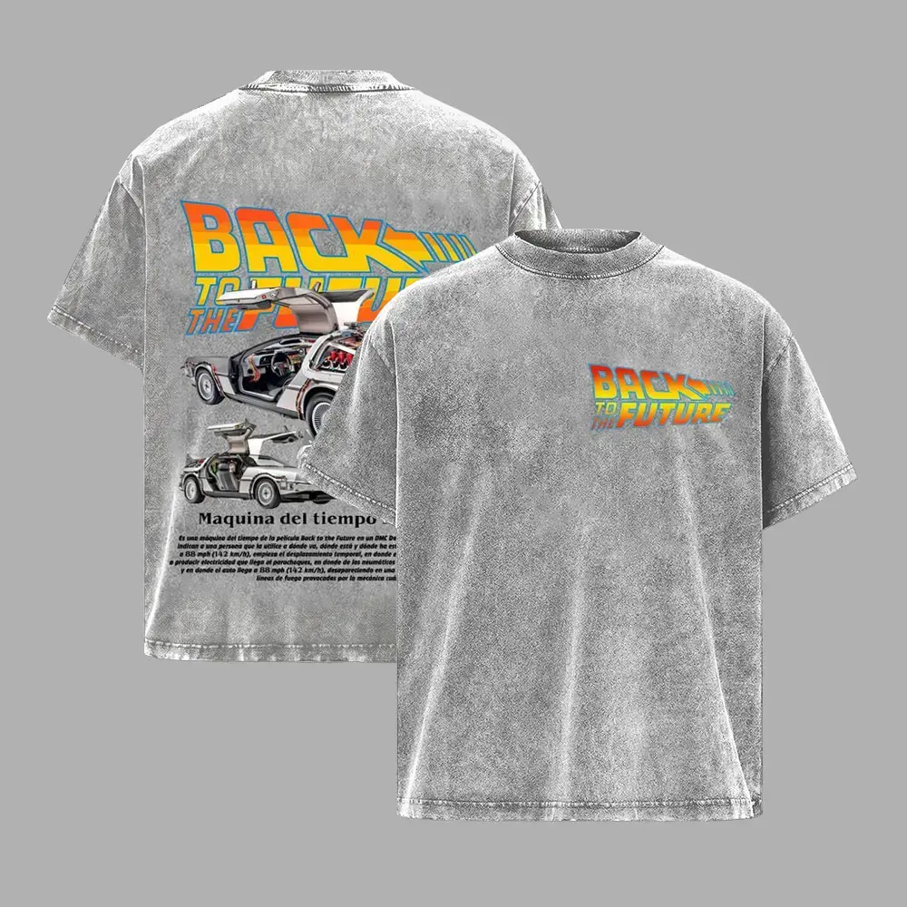 Menswear Men's Oversized 100% Cotton Distressed Light Gray Retro Vintage Sci-Fi 'Back to the Future' Double-Sided Delorean Graphic Short Sleeve Casual Tee - Spring Statement Shirt