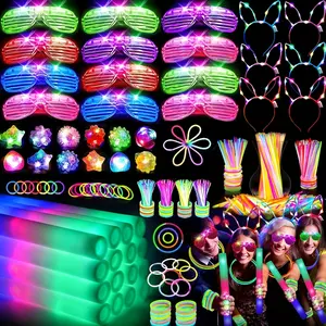 142 pcs glow in the dark party set (12 pcs foam glow sticks + 12 pcs led glasses + 12 pcs finger lights + 6 pcs light up headbands + 100 pcs light up sticks) Halloween, Christmas, Neon Party Supplies
