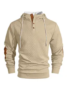 Men's solid color hoodie with texture, regular style with spliced color elbow patches, casual long sleeve top, men's autumn and winter hoodie, Hoodie Sweatshirt, men's clothing, sports apparel.