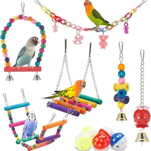 11-Piece Bird Parrot Toy Set, Swinging Hanging Standing Climbing Structures Chew Toys, Colorful Wooden Materials Bed Ladder Cage Accessories for Tiger Parrots, Long-Tailed Conures