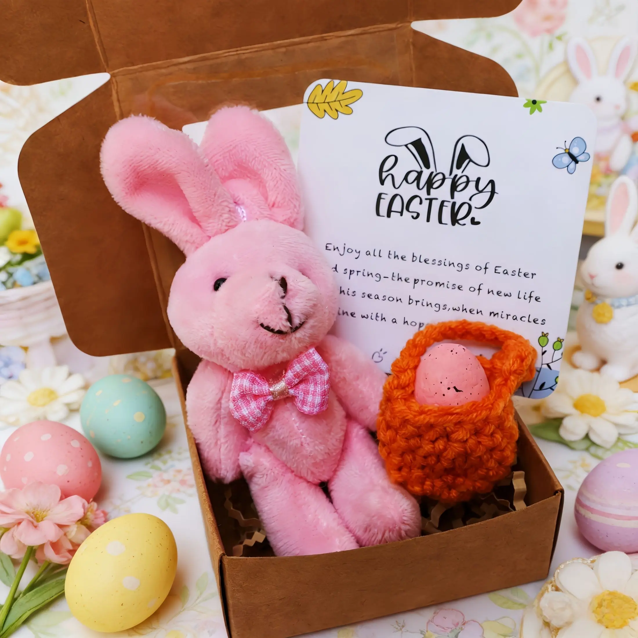 Happy Easter Bunny Gift Set Themed Goodies with Plush Rabbit, Crochet Basket & Egg Gift Box - Religious Easter Decor & Gift for Friends, Family Easter Gifts