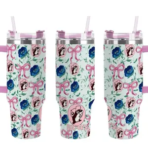 Buc-ee’s Floral Bow 40oz Insulated Tumbler with Handle and Straw – Coquette Aesthetic Pink & Blue Flower Pattern – Buc-ee's Mascot "Coquette Style" Tumbler - 40oz Quencher Cup featuring Vintage Pink Bows, Blue Peonies, and Floral Vine Pattern