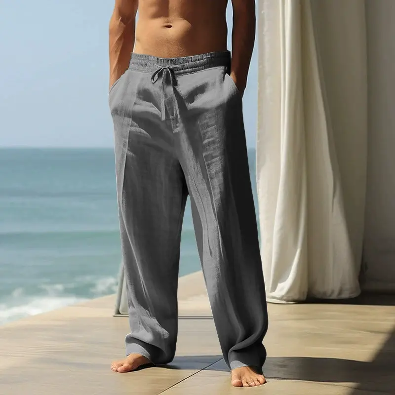 Western-Style Men's Cotton-Linen Casual Trousers - Straight-Leg, Plus-Size, Loose-Fit, Breathable Summer Linen Beach Pants