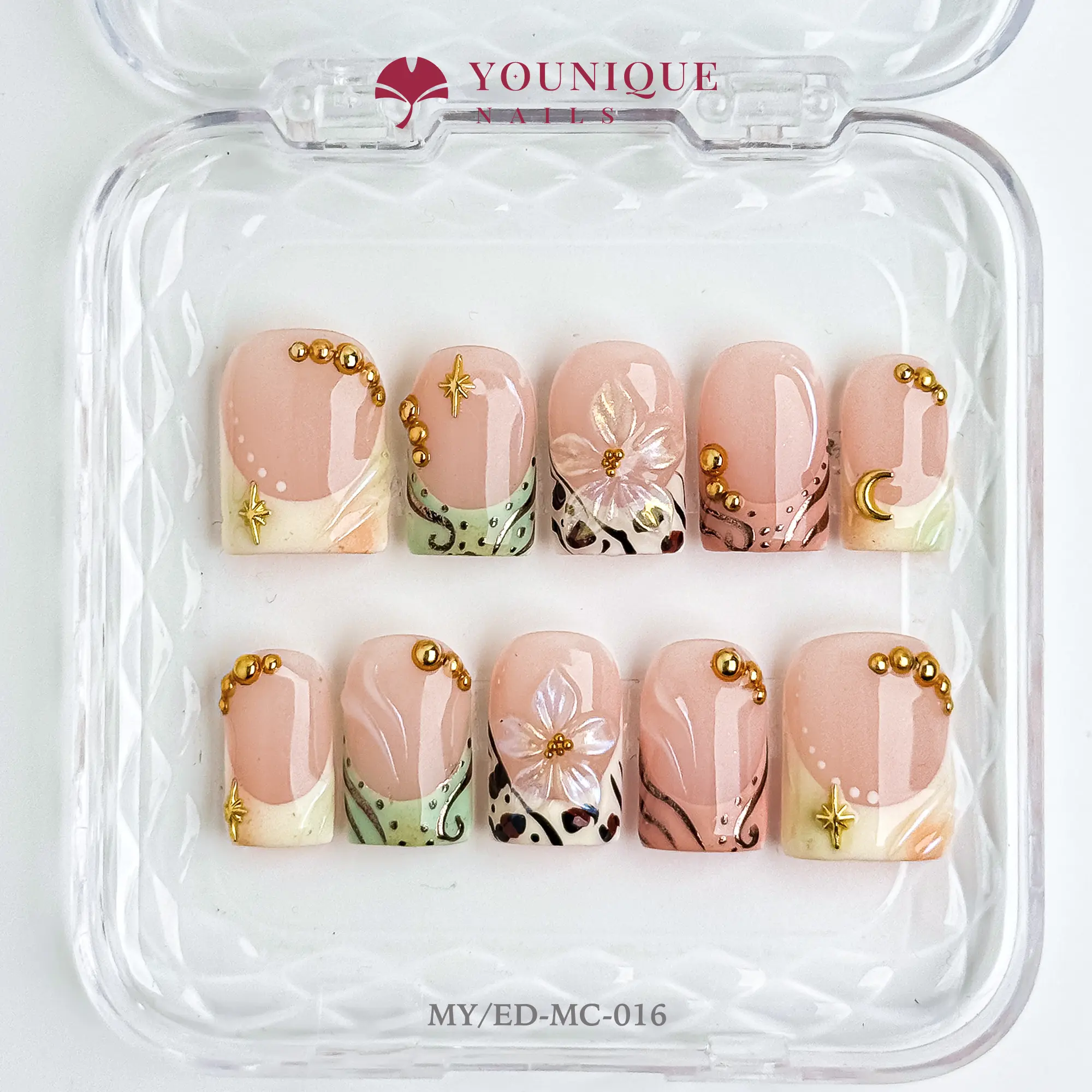 Younique Gel Acrylic Press-On Nails - 10PCS 100% Handmade, Reusable Colorful 3D Art, Custom Sizes