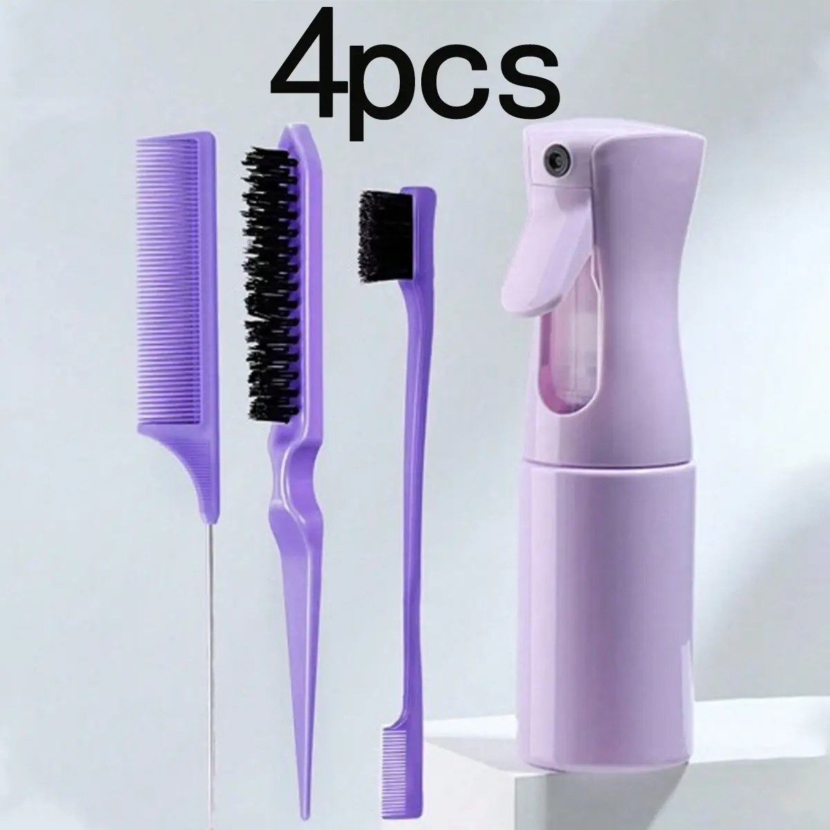 4-piece hair styling tool set, hair styling comb set, continuous spray bottle 200ml, continuous ultra-fine spray sprayer, women's rat tail comb edge control for back brushing, combing, braiding, smoothing, suitable for hair, salon, barber shop