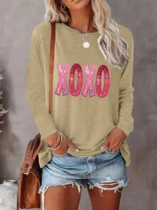 Valentine's Day Fashion Casual Romantic Sequin Letter Xoxo Print Round Neck Long Sleeve Top for Lady, T-Shirt, Fitted Comfortable Fit, 10 Colors Available, Womenswear