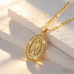 A Fashionable And Sparkling Pendant Necklace Featuring The Medal, Adorned with Synthetic Synthetic Zircon​​ in an Oval Shape, Representing The Sacred Religious Faith of Guadalupe, Perfect As a Holiday Gift for Mother'S Day