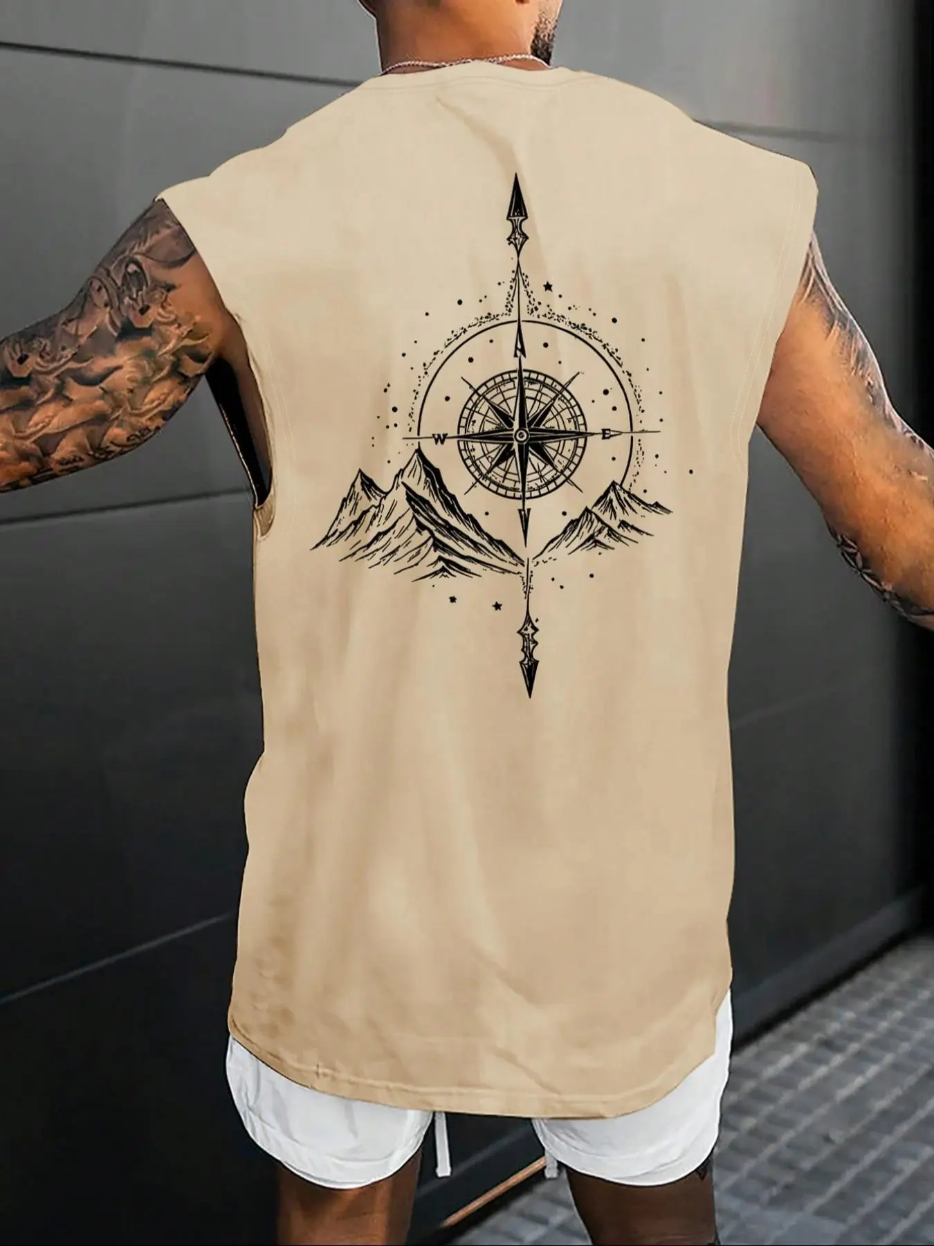 Men's American Vintage Compass Mountain Graphic Print Sleeveless Tank Top, Summer Loose Athletic Vest For Outdoor Camping, Travel, Workout, Beach, Daily Commute Street Style