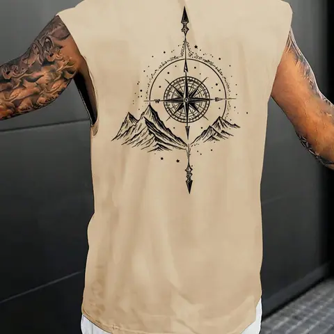 Men's American Vintage Compass Mountain Graphic Print Sleeveless Tank Top, Summer Loose Athletic Vest For Outdoor Camping, Travel, Workout, Beach, Daily Commute Street Style