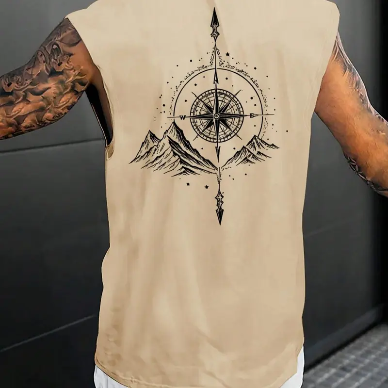 Men's American Vintage Compass Mountain Graphic Print Sleeveless Tank Top, Summer Loose Athletic Vest For Outdoor Camping, Travel, Workout, Beach, Daily Commute Street Style
