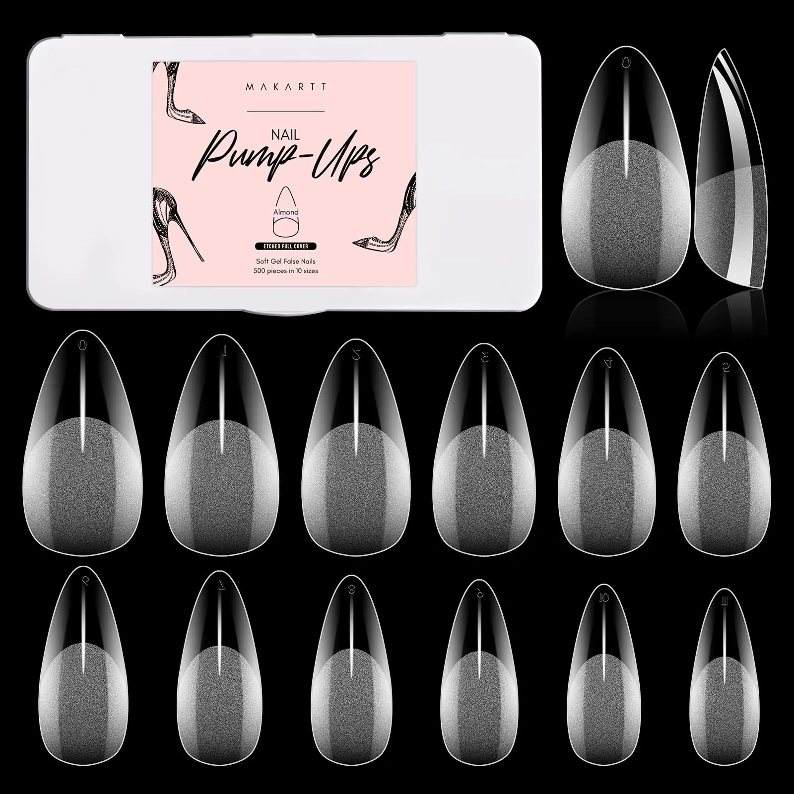 Makartt Almond Nail Tips, 500pcs Medium, Clear Pre-Buffed, 10 Sizes, Soak-Off Soft Gel, Professional Acrylic Press-Ons for DIY Nail Art Nail Care Nail Polish