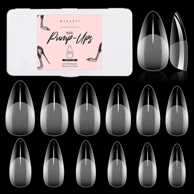 Makartt Pre-Buffed Grip Almond Shape Nail Tips Large Multi-Pack - 500pcs Medium, 10 Sizes, Soak-Off Soft Gel Press-Ons, Unisex Elegant Low-Maintenance Nail Supplies for DIY Art