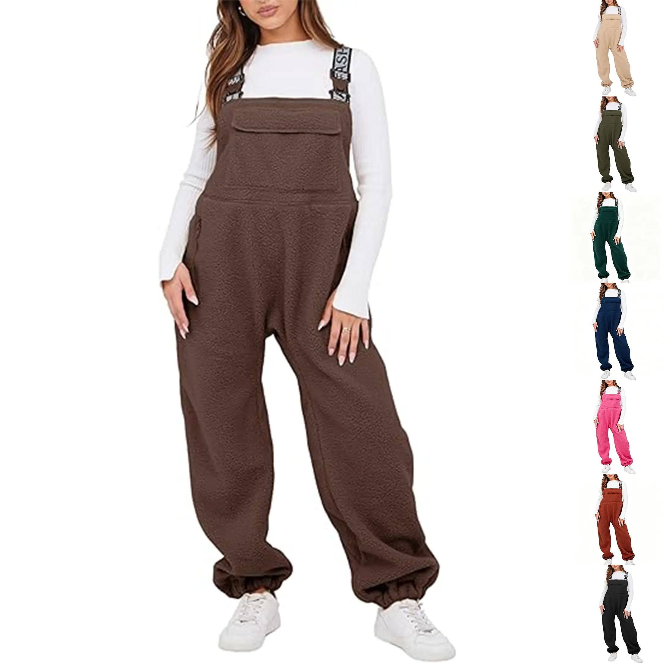 Wandal Women Warm Fleece Bib Overalls Loose Jumpsuits Adjustable Straps Winter Casual Outwear Pants With Side Pockets