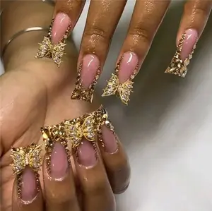 Gold French Tip Press on Nails Medium Duck Fake Nails with Rhinestones Design Luxury 3D Gold Butterfly Charms False Nails Glossy Acrylic Artificial Nails Reusable Stick on Nails for Women 24Pcs Jremg