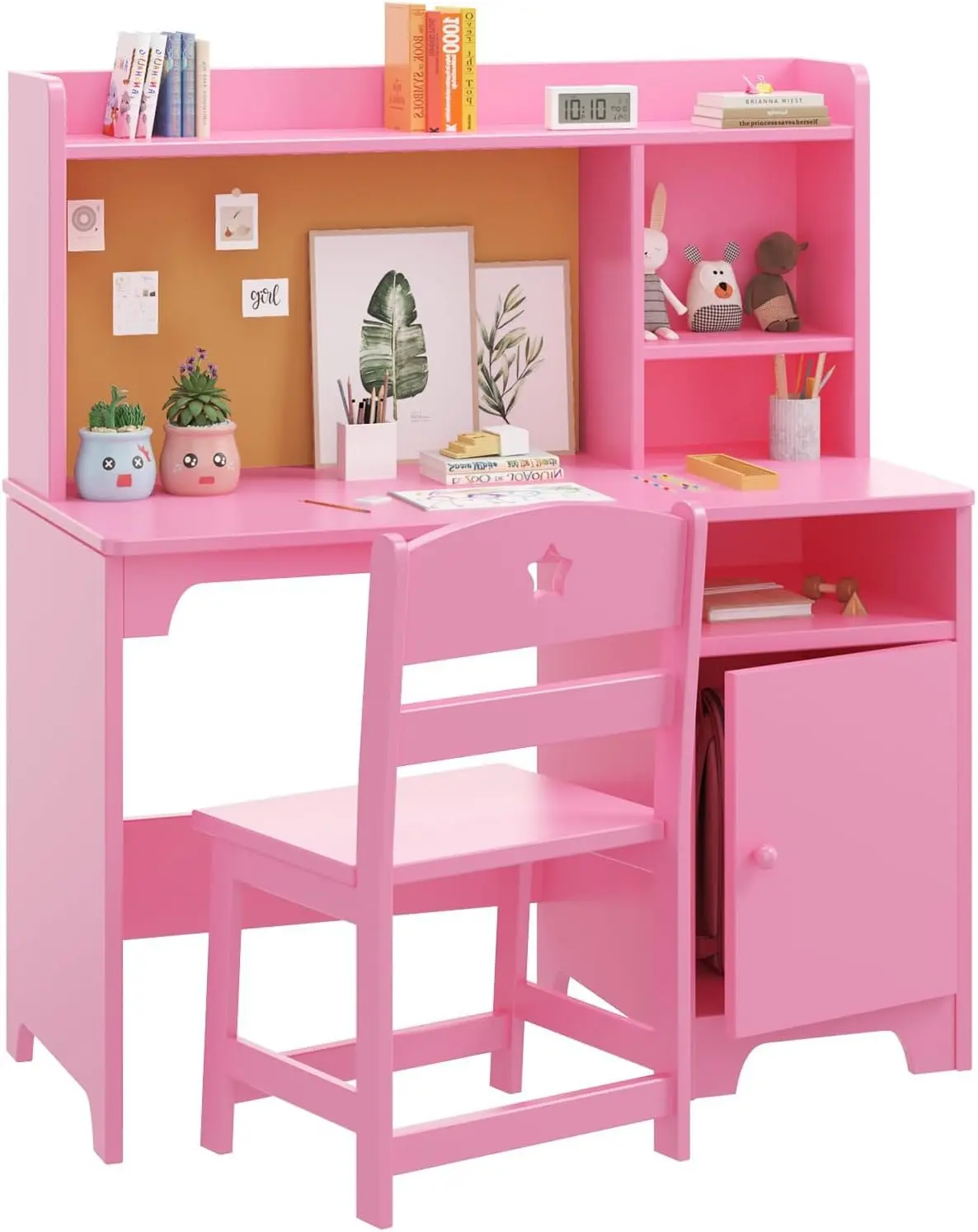 Gaomon Mini Design Child-Sized Desk & Chair Set for 3-8 Years, Durable Engineered Wood Ergonomic Furniture with Hutch, Storage Cabinet Organizer, Easy Setup, Easy Care, Assembly Required Pink Kids' Bedroom Workstation