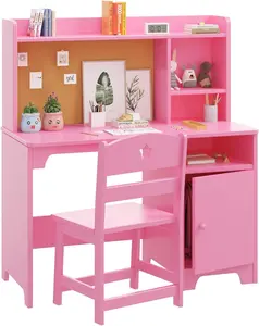 GAOMON Wooden Desk & Chair Set - Student Writing Table with Hutch and Storage Cabinet, Pink Computer Workstation for Kids' Bedroom or Study Room Mini Furniture
