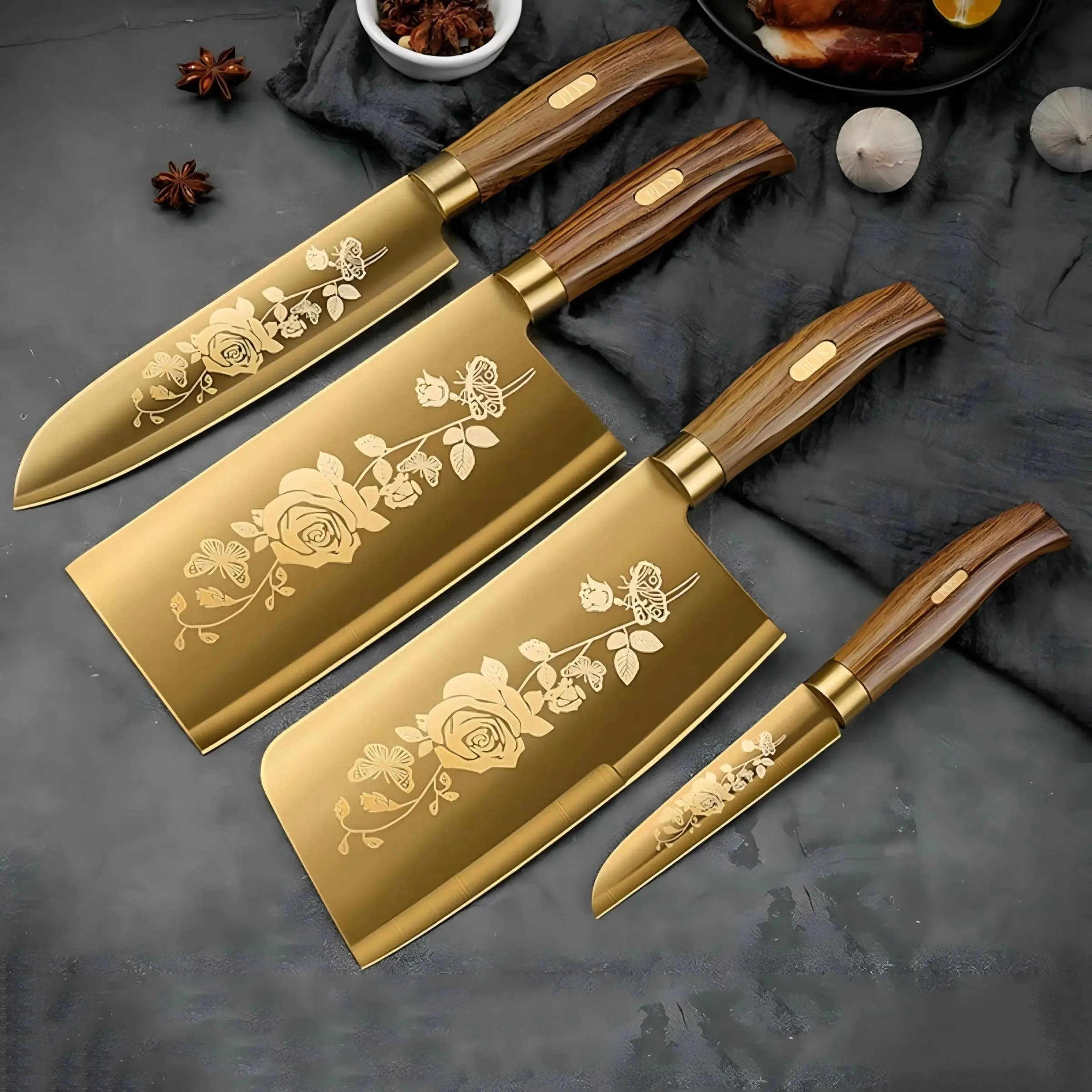 4pcs Luxury Kitchen Knives Set, Stainless Steel Slicing Knife, Titanium Coated Chef's Knife, Durable and Sharp Cutting Tools, Kitchenware