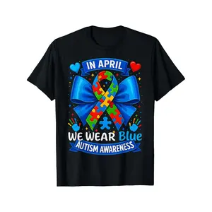 In April We Wear Blue Autism Awareness T Shirt Colorful Puzzle Piece & Heart Design Casual Crew Neck Regular Fit Cotton Fabric Perfect for Adults