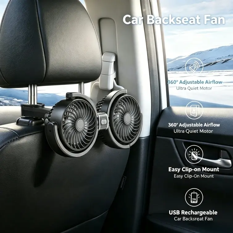 Car Backseat Cooling Fan Dual Head  Independent Control 360° Rotatable USB Plug & Play Car Seat Fan for Driver Passengers Baby Kids Pets Road Trip SUV Truck RV
