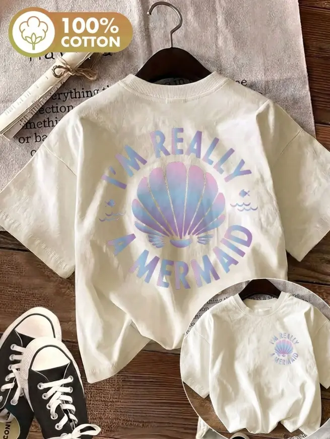 Women's pure cotton T-shirt featuring a double-sided mermaid and seashell print; designed with a loose fit and crew neck for comfort and durability. A casual, street-style top for summer.